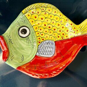 Vintage!  Hand-Painted Italian Green Face Fish Bowl/Platter/Picture by Vietri